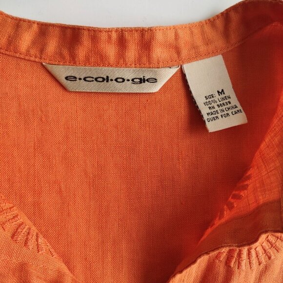 ecologie Embroidered Linen Blouse 3/4 Sleeve V-Neck Burnt Orange Size Medium - Picture 7 of 8